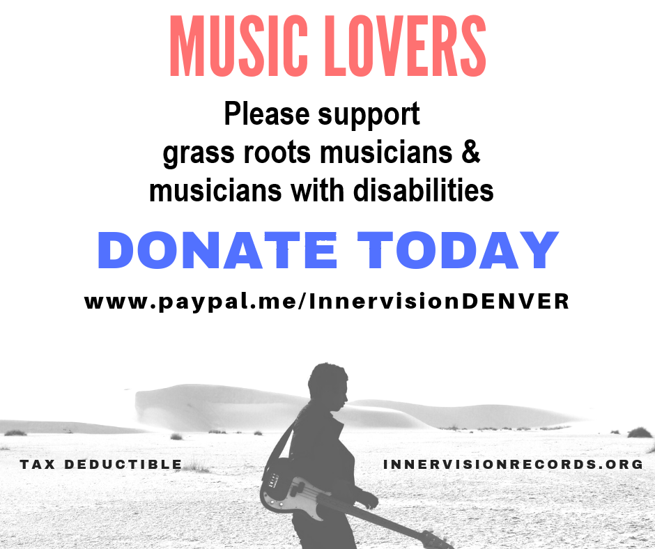 graphic of man walking alone, carrying an electric guitar with text saying to dontate to Innervision through paypal
